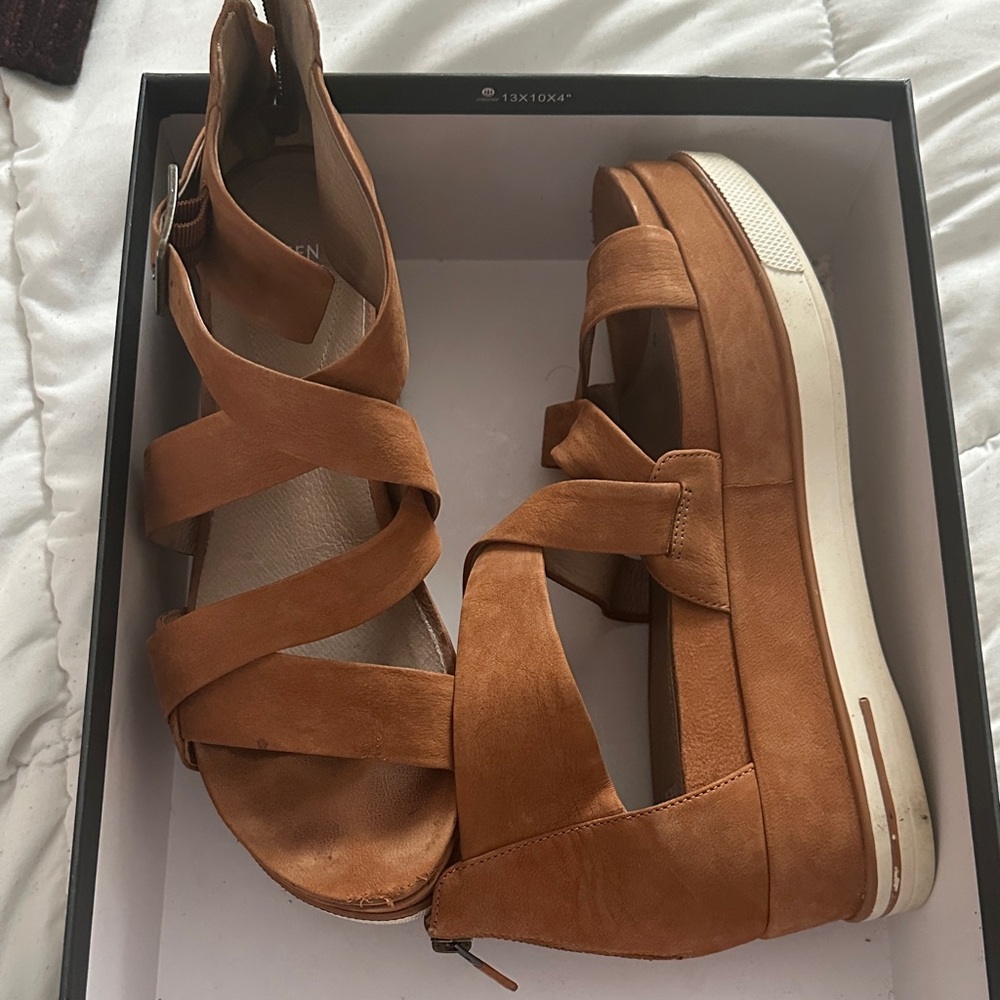 Eileen Fisher Tan Suede Crisscross Platform Sandals